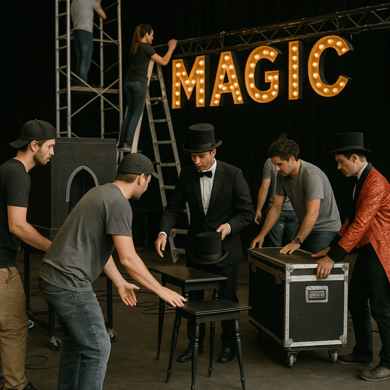 Montaggio di palcoscenico per spettacolo di magia